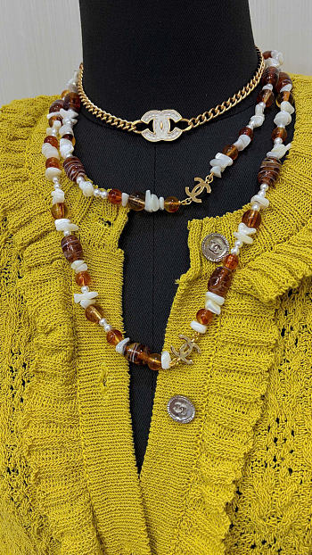 Chanel Long Necklace Metal, Glass Pearls, Mother-of-Pearl & Freshwater Pearls Gold, Orange & Pearly White ABH372