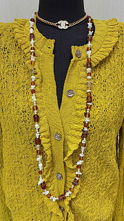 Chanel Long Necklace Metal, Glass Pearls, Mother-of-Pearl & Freshwater Pearls Gold, Orange & Pearly White ABH372 - 2