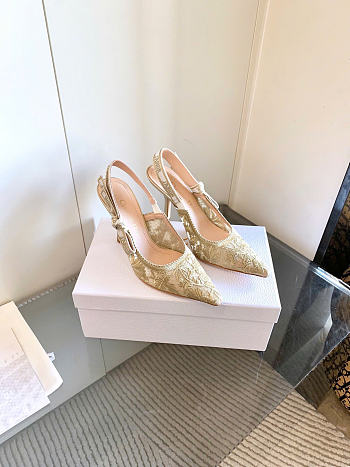 J'Adior Slingback Pump White Cotton Embroidered with Millefiori Motif in Gold-Tone Metallic Thread 10cm