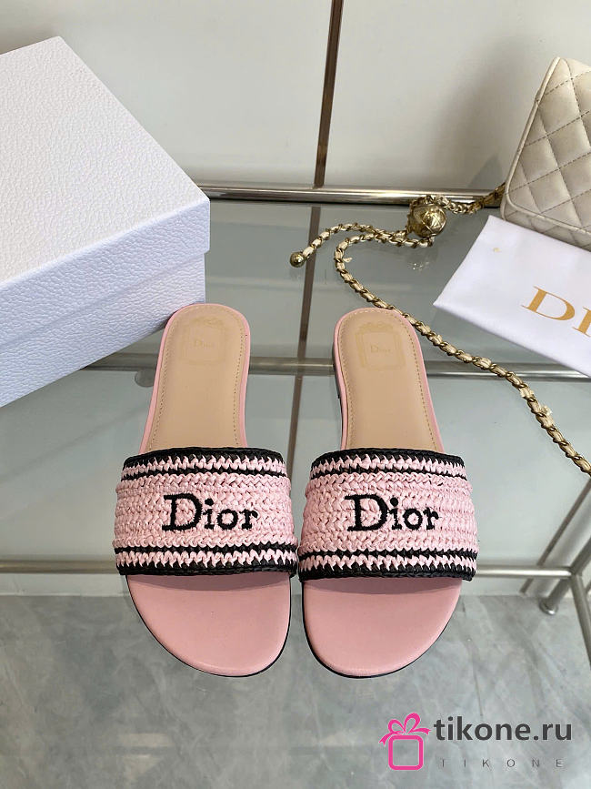 Dioriviera Dior Woven Slide Soupir Pink Crocheted Raffia-Effect Technical Fabric - 1