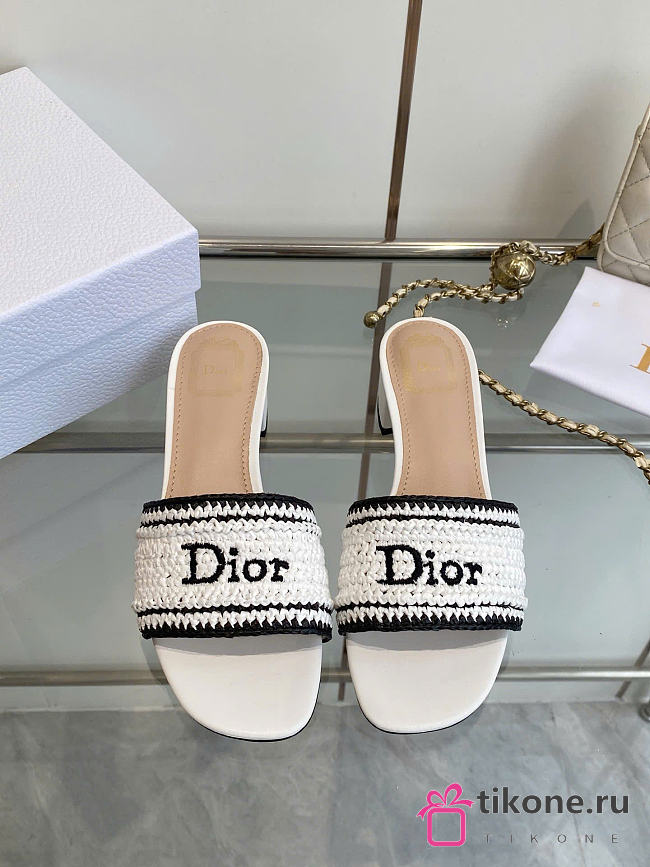 Dioriviera Dior Woven Heeled Slide White Crocheted Raffia-Effect Technical Fabric 3.5cm - 1