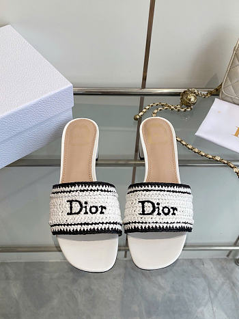 Dioriviera Dior Woven Heeled Slide White Crocheted Raffia-Effect Technical Fabric 3.5cm