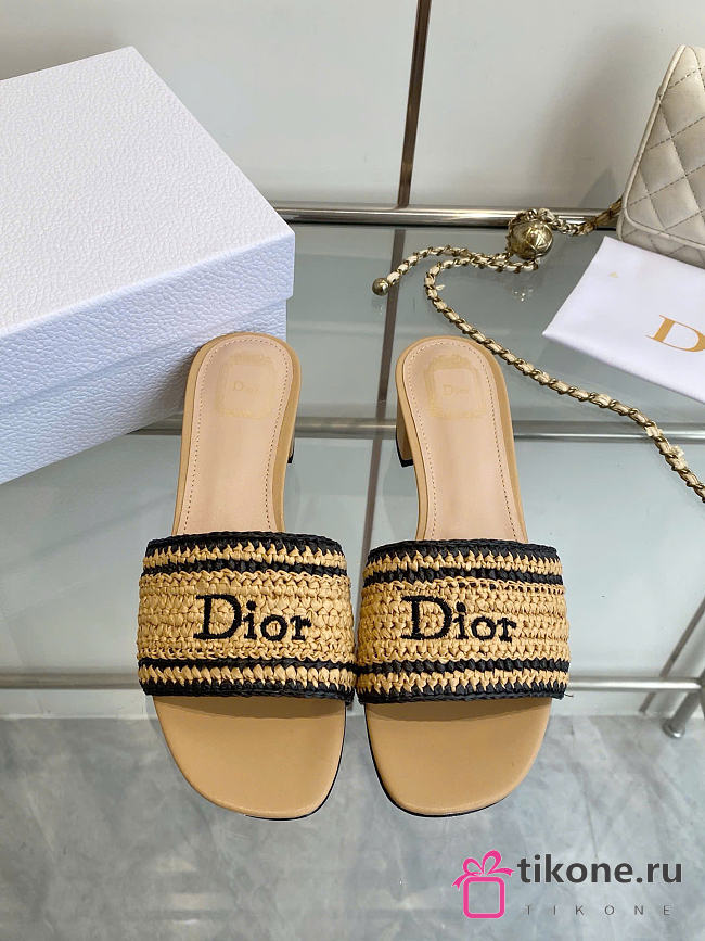 Dioriviera Dior Woven Heeled Slide Trench Crocheted Raffia-Effect Technical Fabric 3.5cm - 1