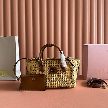 Miumiu Raffia Handbag Beige/Cognac 5BA316 - 25.5x14x9.5cm