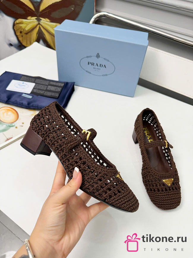 Prada Crochet Pumps Coca Brown 35mm 1I429O - 1