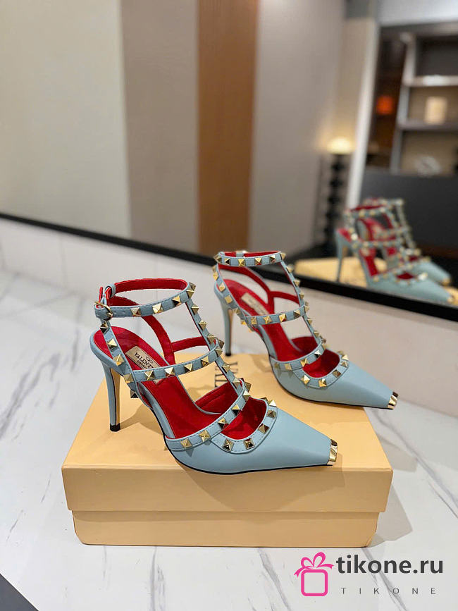 VLTN Rockstud Kidskin Pumps Blue 100mm - 1