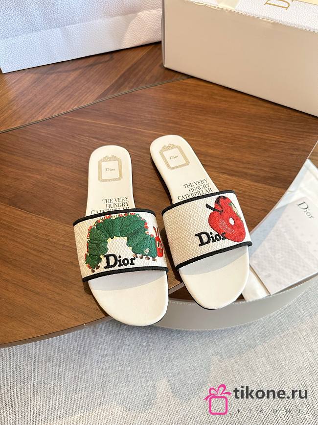 Dior Dway Slide White Embroidered Cotton and Multicolor Book Cover Motif - 1