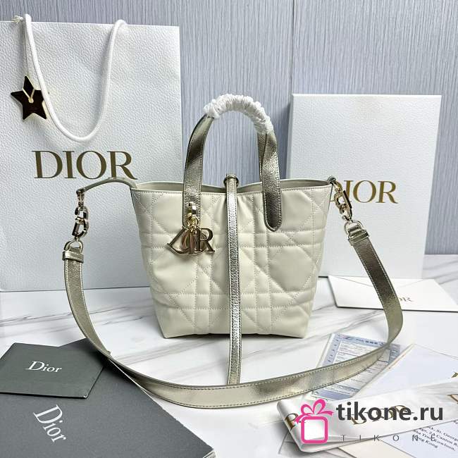 Small Dior Toujours Vertical Tote Bag Two-Tone Gold and White Macrocannage Calfskin with Metallic Thread - 18x16x12cm - 1