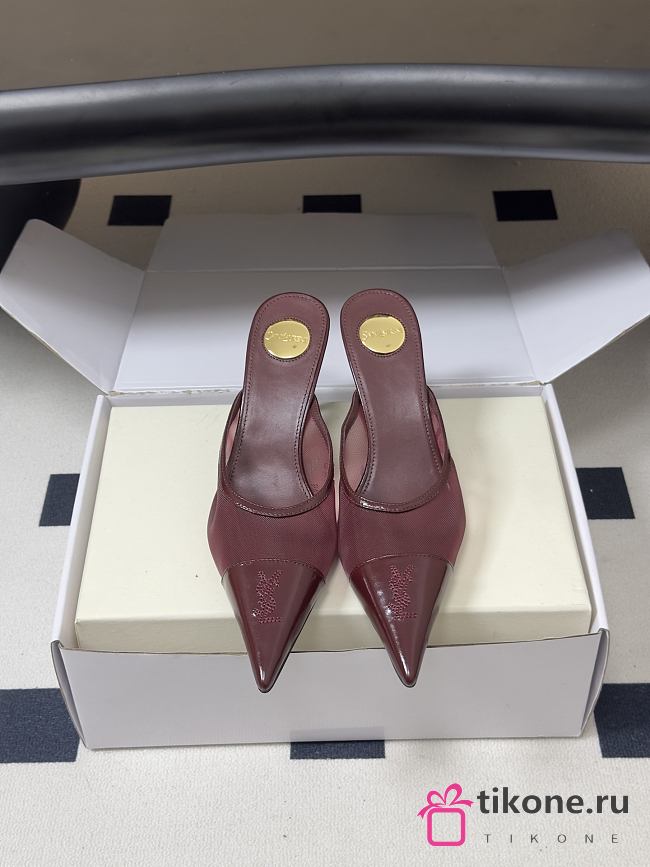 YSL Renée Mules in Mesh Burgundy 7.5cm - 1