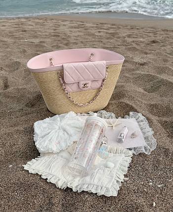 Chanel Large Tote Braided Straw Lambskin & Gold-Tone Metal Beige & Light Pink - 54x26x18cm