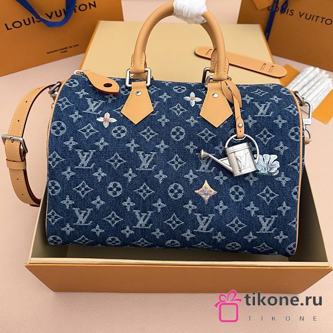 LV Speedy 30 Bandoulière Monogram Flowers Denim Blue M27556 - 34x22x19cm - 1