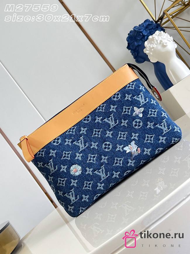LV Pochette Voyage Souple Monogram Flowers Denim Blue M27559 - 33.5x26x5.5cm - 1