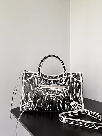 Balenciaga Le City Bag Medium in White Snow Semi Shiny Arena Lambskin With Black Marker Printed - 38.5x24x15cm