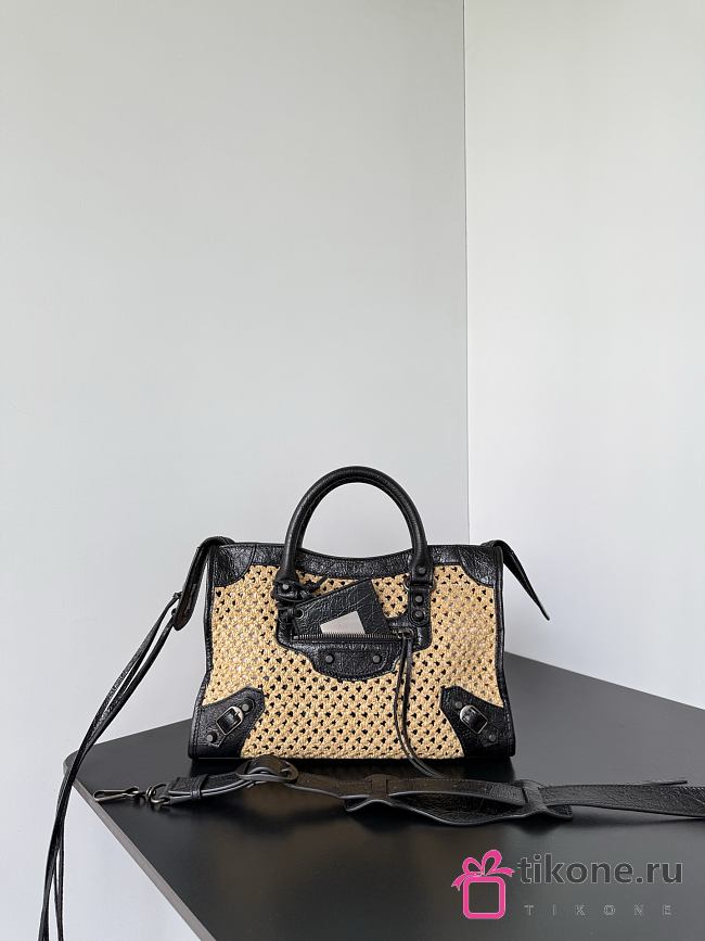 Balenciaga Le City Bag Small In Natural Beige Raffia Effect Fabric And Black Arena Lambskin - 30x19x9.6cm - 1