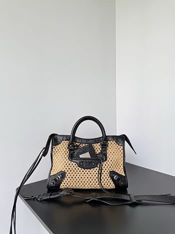 Balenciaga Le City Bag Small In Natural Beige Raffia Effect Fabric And Black Arena Lambskin - 30x19x9.6cm