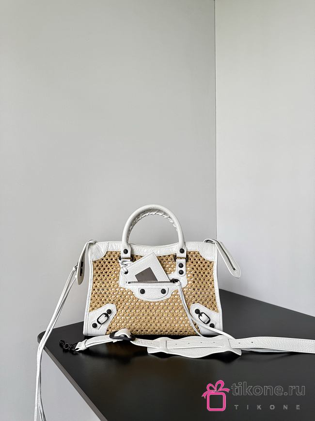 Balenciaga Le City Bag Small In Natural Beige Raffia Effect Fabric And White Arena Lambskin - 30x19x9.6cm - 1