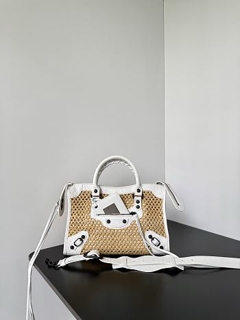 Balenciaga Le City Bag Small In Natural Beige Raffia Effect Fabric And White Arena Lambskin - 30x19x9.6cm