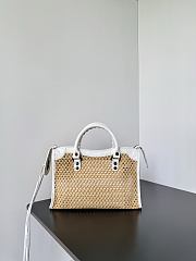 Balenciaga Le City Bag Small In Natural Beige Raffia Effect Fabric And White Arena Lambskin - 30x19x9.6cm - 4