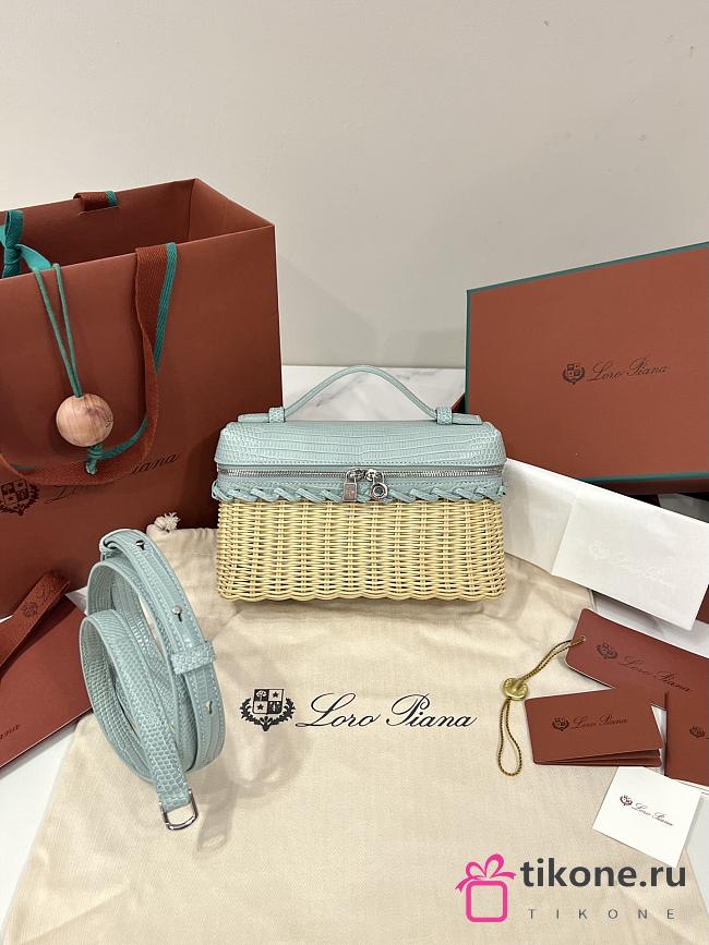 Loro Piana Extra Pocket L19 East-West Wicker Rattan, Lizard Leather Malt/Eucalyptus/Antique Silver (B5FJ) - 11x19x7cm - 1