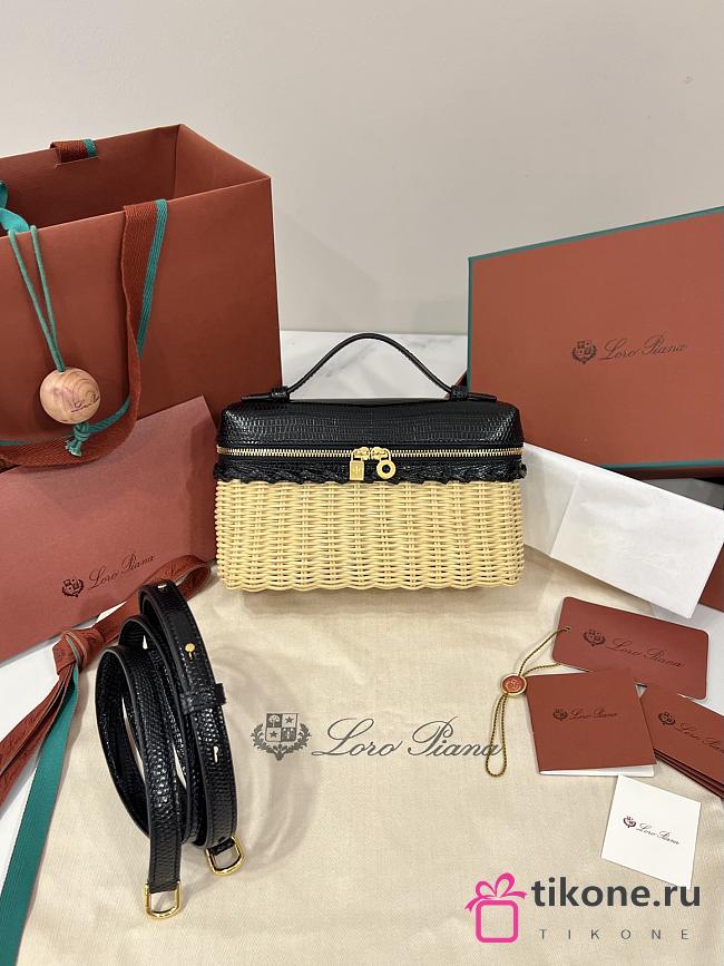 Loro Piana Extra Pocket L19 East-West Wicker Rattan, Lizard Leather Black/Sun Gold (804L) - 11x19x7cm - 1
