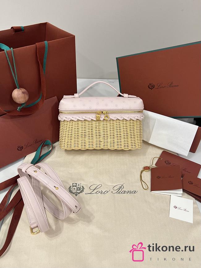 Loro Piana Extra Pocket L19 East-West Wicker Rattan, Ostrich Leather Malt/Flowering Cherry/Sun Gold (B3BX) - 11x19x7cm - 1