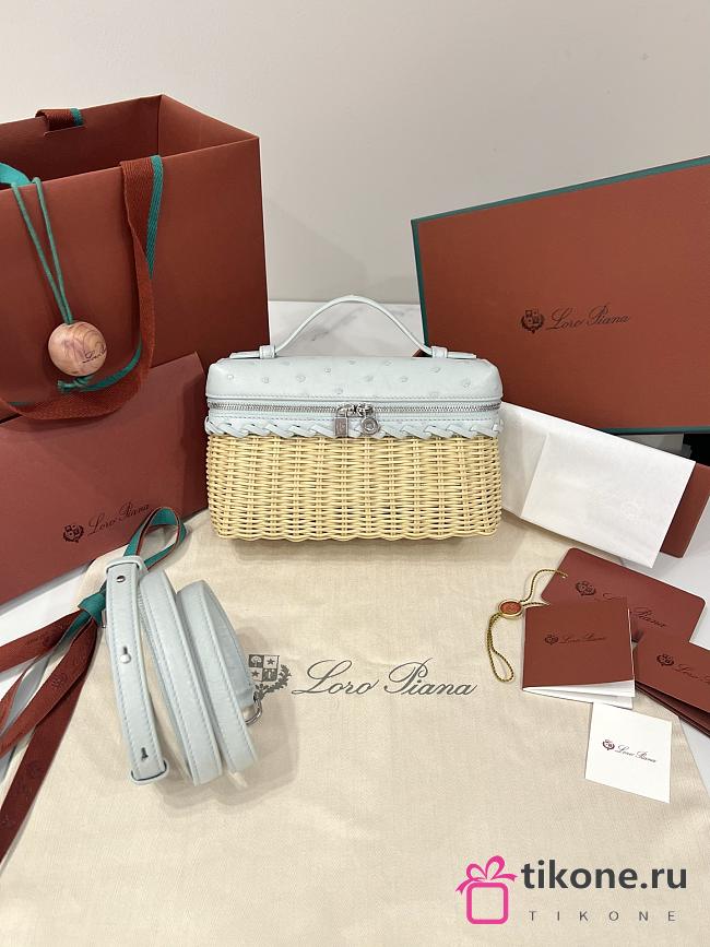Loro Piana Extra Pocket L19 East-West Wicker Rattan, Ostrich Leather Malt/Moonstone Blue/Sun Gold (B5JS) - 11x19x7cm - 1