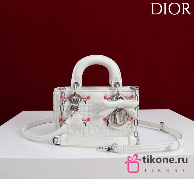 Dioramour Lady D-Joy Micro Bag White Cannage Lambskin Embroidered with Multicolor Doves & Roses Motif - 16x9x5cm - 1