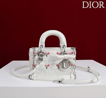 Dioramour Lady D-Joy Micro Bag White Cannage Lambskin Embroidered with Multicolor Doves & Roses Motif - 16x9x5cm
