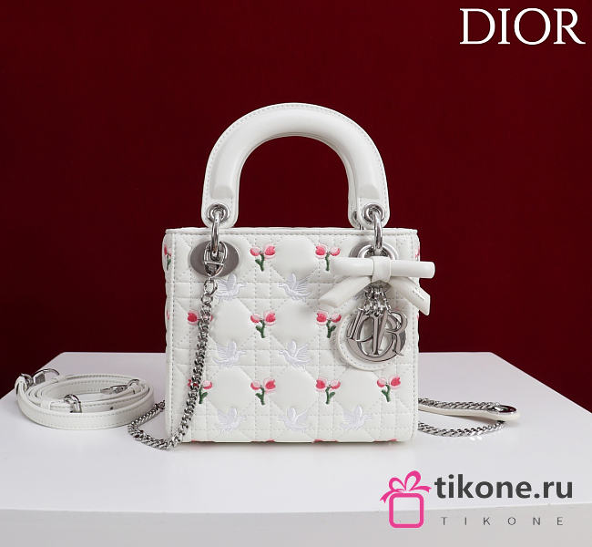 Dioramour Mini Lady Dior Bag with Chain White Cannage Lambskin Embroidered with Multicolor Doves & Roses Motif - 18x15x7cm - 1