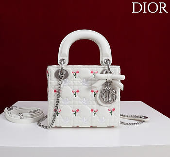 Dioramour Mini Lady Dior Bag with Chain White Cannage Lambskin Embroidered with Multicolor Doves & Roses Motif - 18x15x7cm