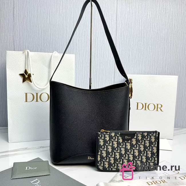Medium Dior Médaillon Bucket Bag Black Grained Calfskin - 26.5x26x15cm - 1