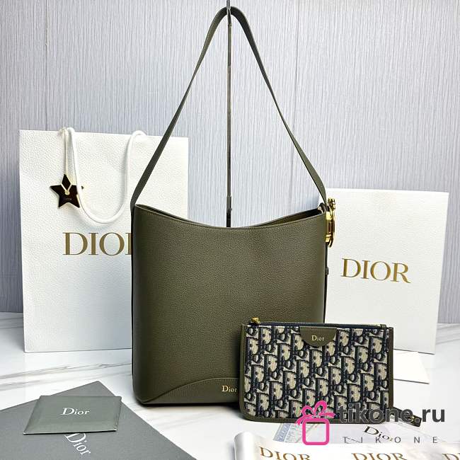 Medium Dior Médaillon Bucket Bag Khaki Grained Calfskin - 26.5x26x15cm - 1
