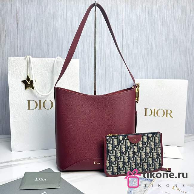 Medium Dior Médaillon Bucket Bag Hermitage Red Grained Calfskin - 26.5x26x15cm - 1