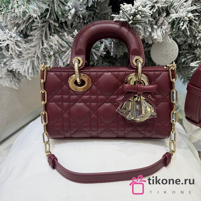 Dior Or Mini Lady D-Joy Bag Hermitage Red Cannage Lambskin Bow - 19x10.5x5.5cm - 1