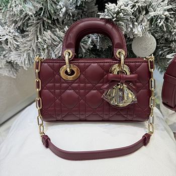 Dior Or Mini Lady D-Joy Bag Hermitage Red Cannage Lambskin Bow - 19x10.5x5.5cm