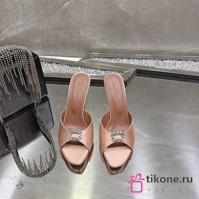 Amina Muaddi Mini Camelia Embellished Satin Mules Beige 10cm - 1
