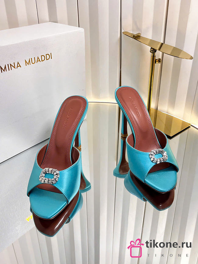 Amina Muaddi Mini Camelia Embellished Satin Mules Turquoise 10cm - 1