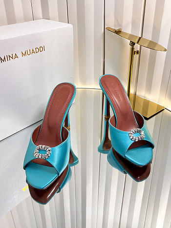 Amina Muaddi Mini Camelia Embellished Satin Mules Turquoise 10cm
