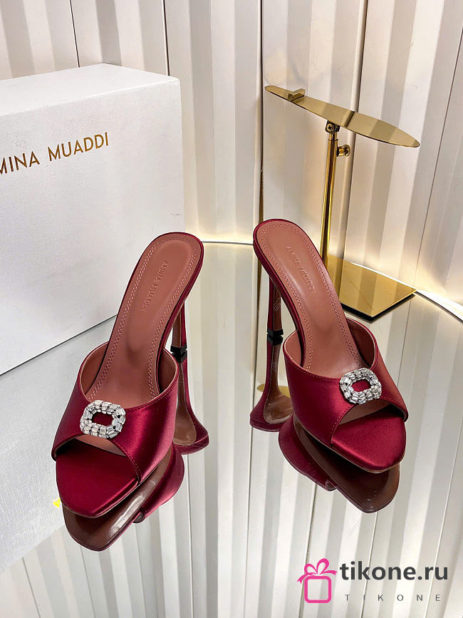 Amina Muaddi Mini Camelia Embellished Satin Mules Burgundy 10cm - 1