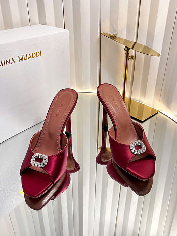 Amina Muaddi Mini Camelia Embellished Satin Mules Burgundy 10cm