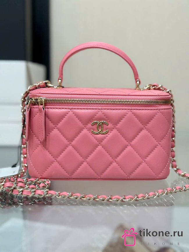 Chanel Lamskin Quited Small Top Handle Vanity Case With Chain Pink - 17x9.5x8cm - 1
