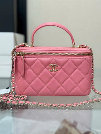 Chanel Lamskin Quited Small Top Handle Vanity Case With Chain Pink - 17x9.5x8cm