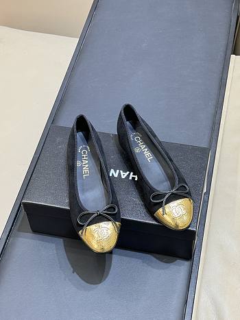 Chanel Ballet Flats Suede & Crackled Laminated Calfskin Black & Gold