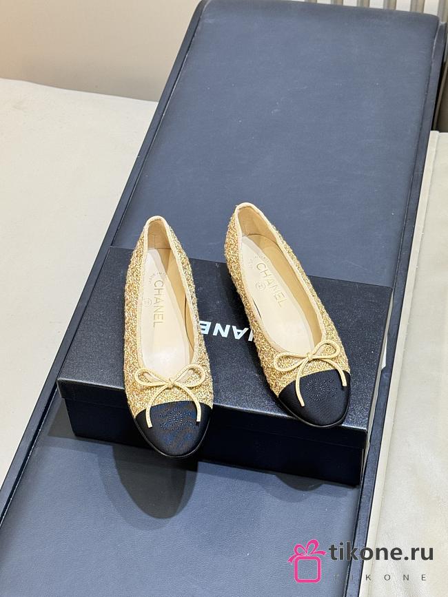 Chanel Ballet Flats Cotton Tweed & Grosgrain Gold, Beige & Black - 1