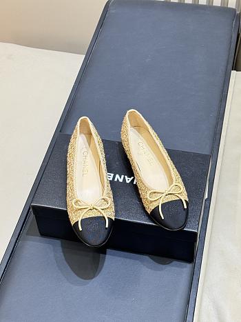 Chanel Ballet Flats Cotton Tweed & Grosgrain Gold, Beige & Black