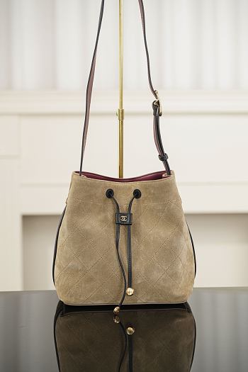 Chanel Bucket Bag Suede Calfskin, Calfskin & Gold-Tone Metal Dark Beige & Black AS6584 - 23x23x14.5cm