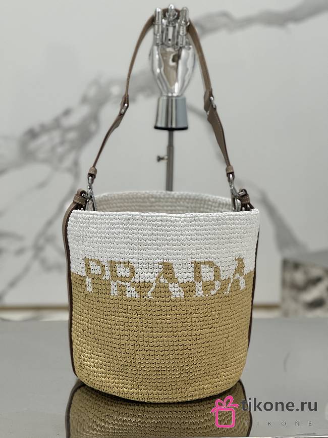 Prada Crochet And Leather Mini-Bucket Bag Tan/White 1BE063 - 23x25x20cm - 1
