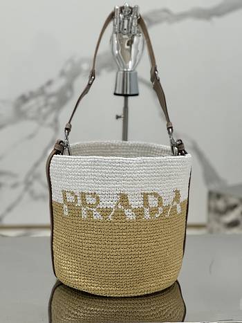 Prada Crochet And Leather Mini-Bucket Bag Tan/White 1BE063 - 23x25x20cm