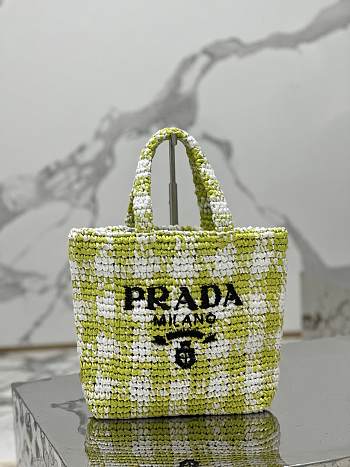 Prada Crochet Raffia Small Logo Tote Green/White 1BG422 - 24x24x8cm
