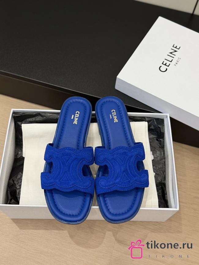 Celine Marina Triomphe Mule In Suede Calfskin Electric Blue - 1